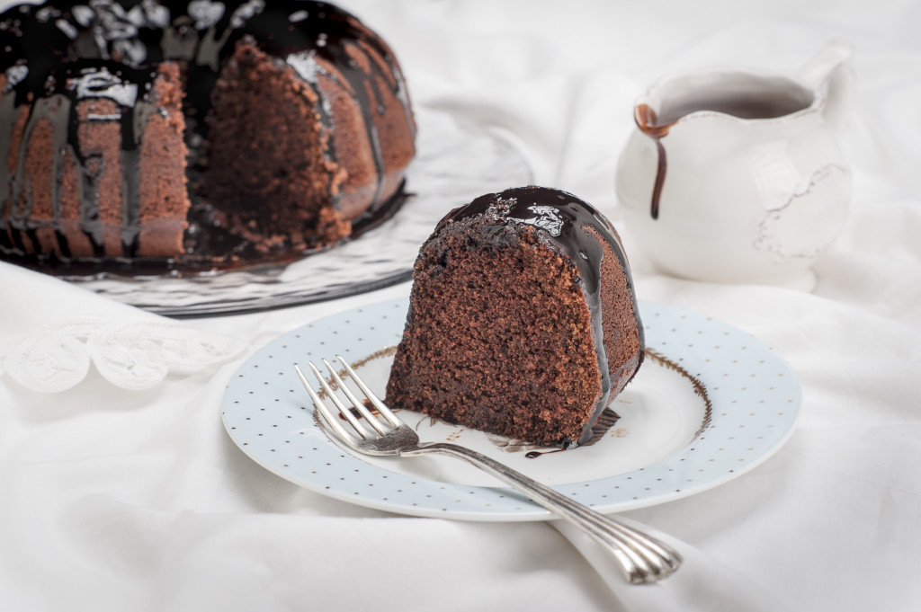 Chocolate cake on white table cloth